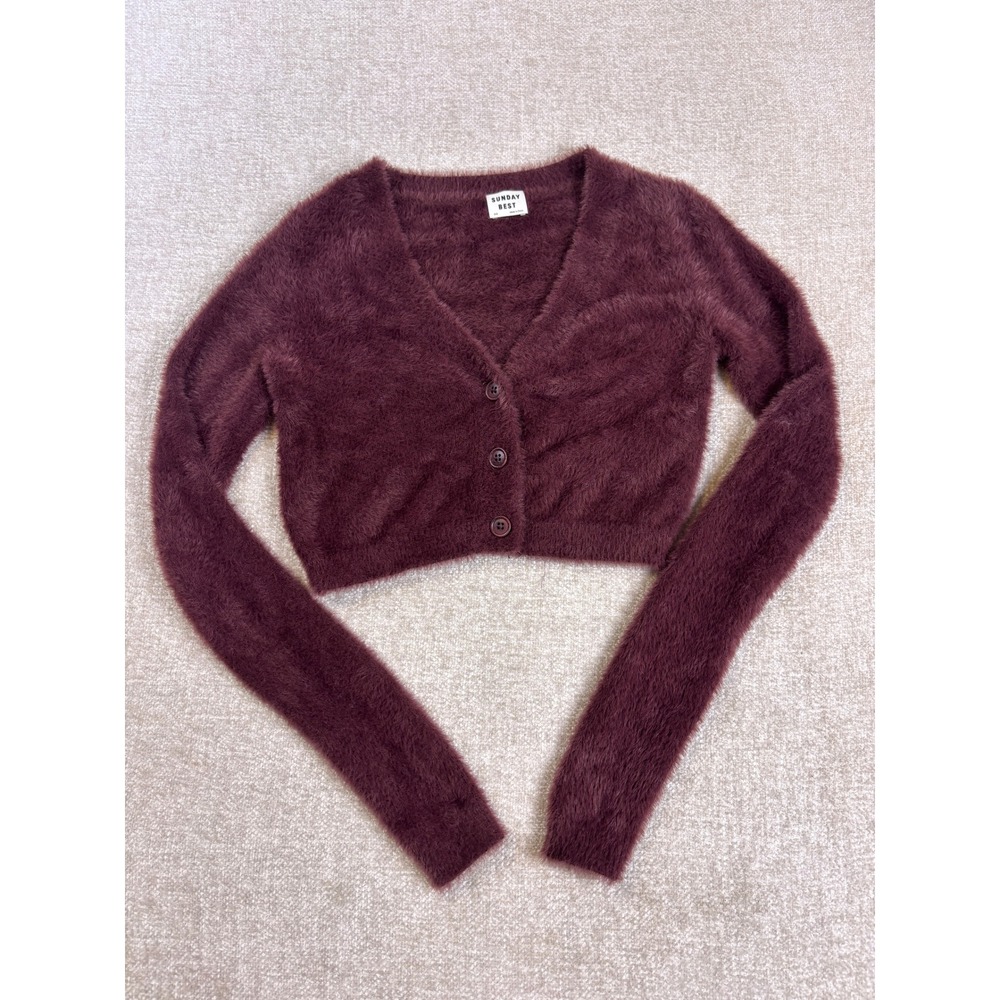 Sunday Best Aritzia Fuzzy Cropped Cardigan Burgundy Plum Eyelash Knit 2XS